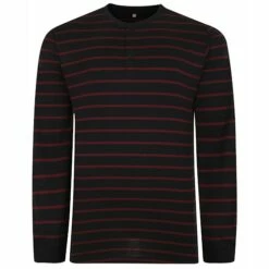 Bigdude Striped Long Sleeve Grandad T-Shirt Black/Burgundy