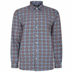 Bigdude Retro Flower Print Long Sleeve Poplin Shirt Blue/Red