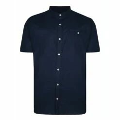 Bigdude Woven Linen Grandad Collar Short Sleeve Shirt Navy