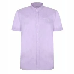 Bigdude Woven Linen Grandad Collar Short Sleeve Shirt Purple
